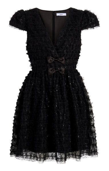 margaret ruffle mini dress in black chiffon with rosette Margaret Ruffle Mini Dress in Plum Chiffon with Rosette
