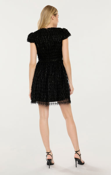 margaret ruffle mini dress in black chiffon with rosette Margaret Ruffle Mini Dress in Plum Chiffon with Rosette