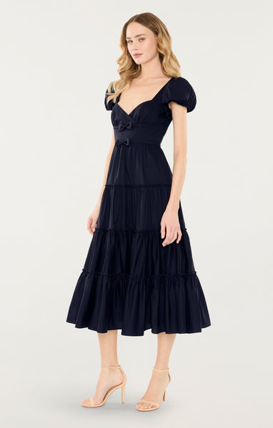 【GRAILZ】BLISSFUL PUFF DRESS [NAVY] Navy Checkered Midi Dress - Textured Dress - Puff Sleeve