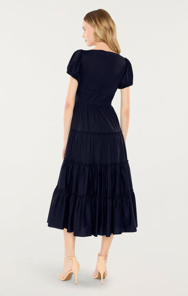 sachin and babi light blue dress Navy Round Neck Short Sleeve Tie Waist Midi Dress