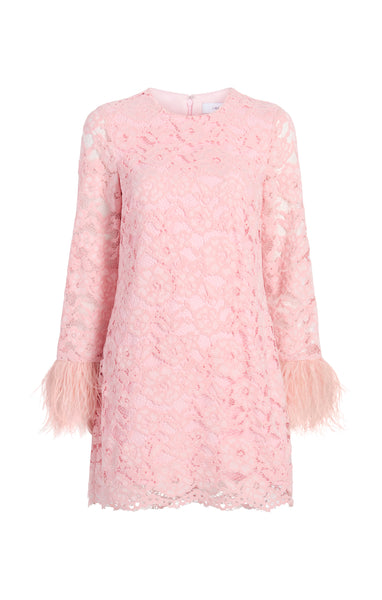 open lace back dress Likely Lorie Feather Trim Long Sleeve Lace Minidress in Rose Shadow at Nordstrom, Size 8