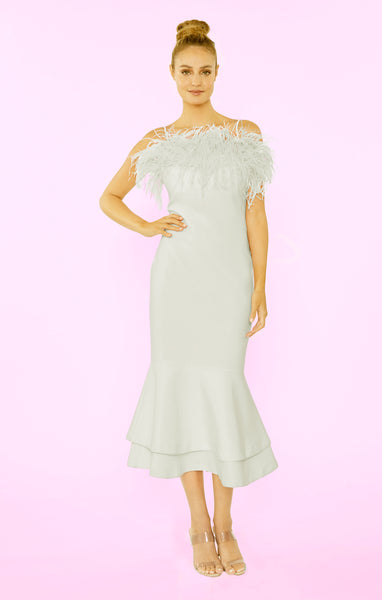 likely cameron ostrich feather trimmed midi dress Likely Women's Aurora Feather Trim Midi Gown - White