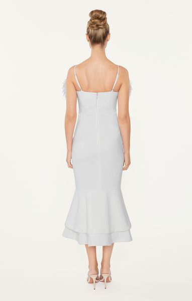 likely cameron ostrich feather trimmed midi dress Feather Midi Aurora Dress