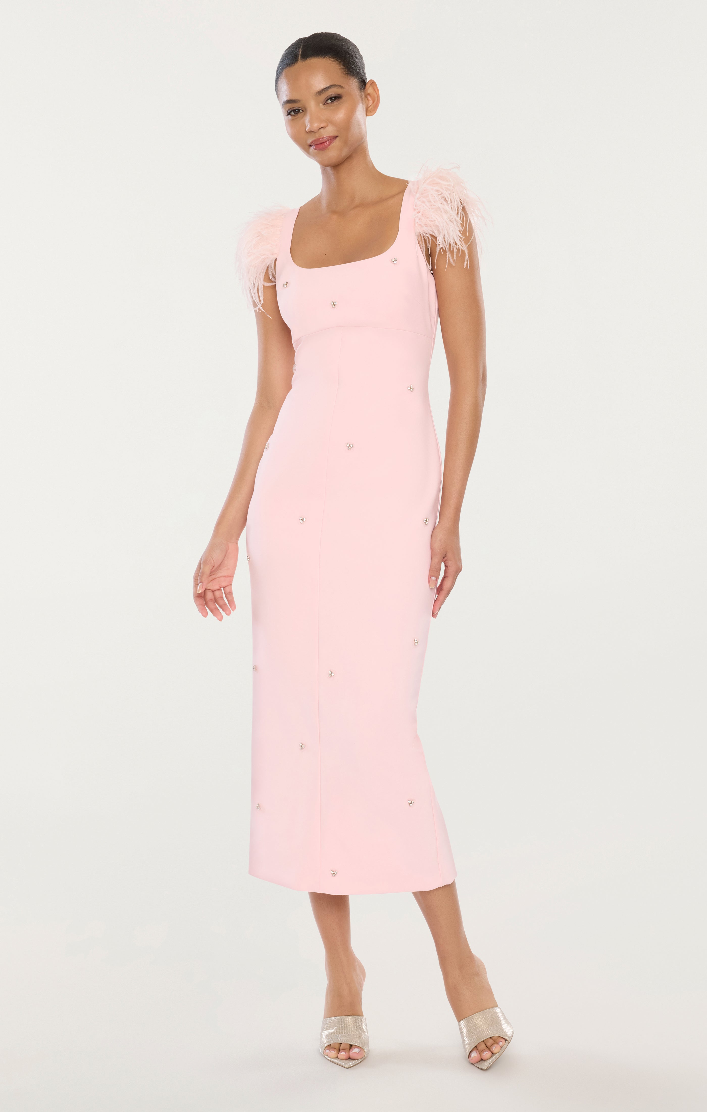 likely cameron ostrich feather trimmed midi dress Vestidos Cameron Rosa Clara LIKELY Cameron Ostrich Feather-Trimmed Midi- Dress Rose Shadow
