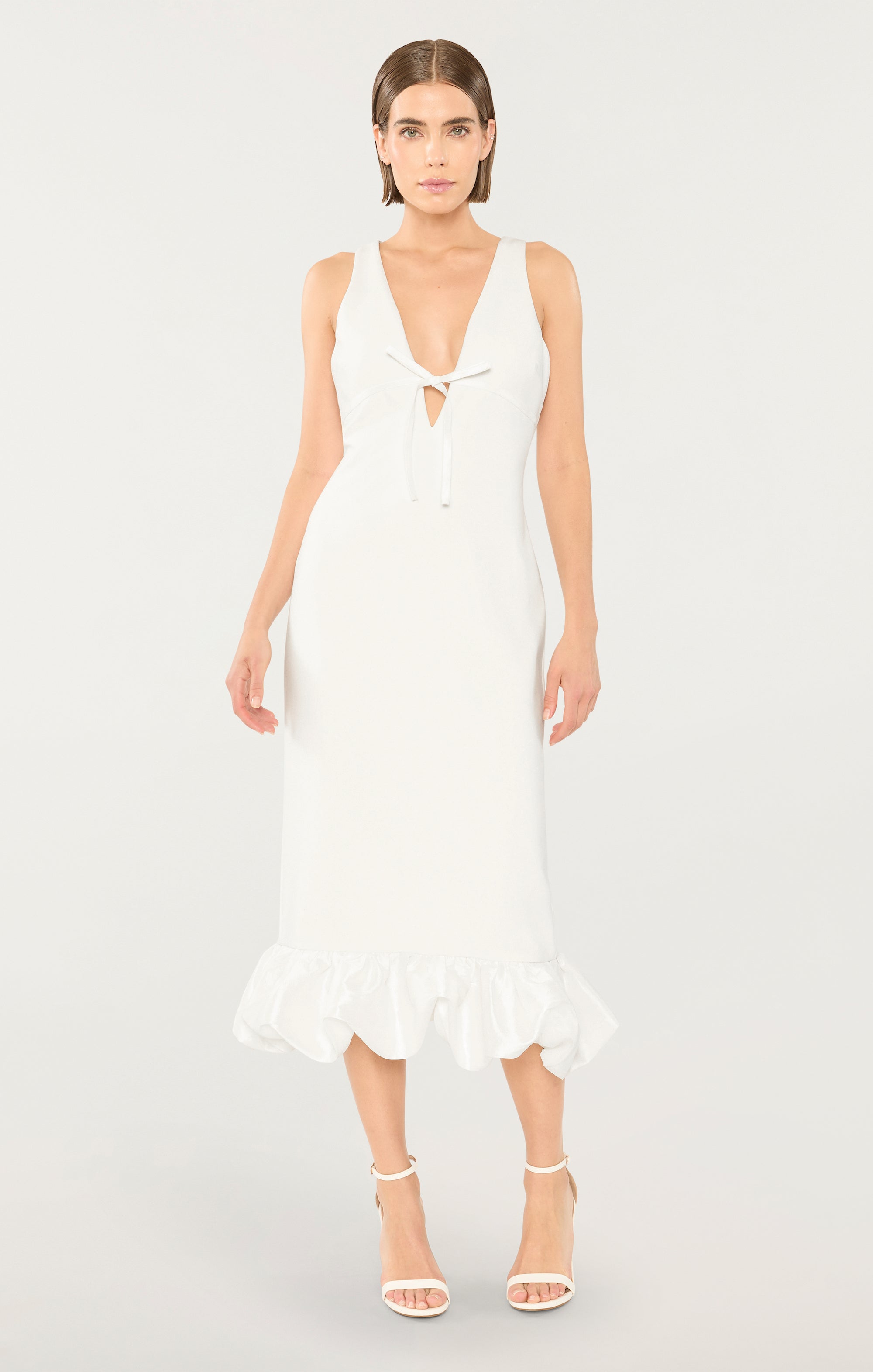 white ruffle detail plunge midi dress Pretty Little Thing Ruffle Detail Plunge Midi Dress