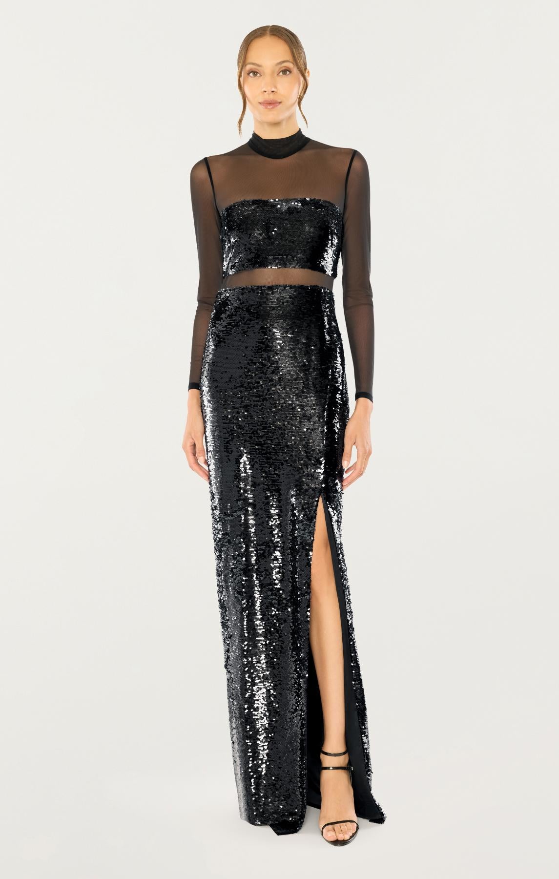 black and silver sequin dress long sleeve Long Sleeve Crystal Pearl Sequin Maxi Dress Black