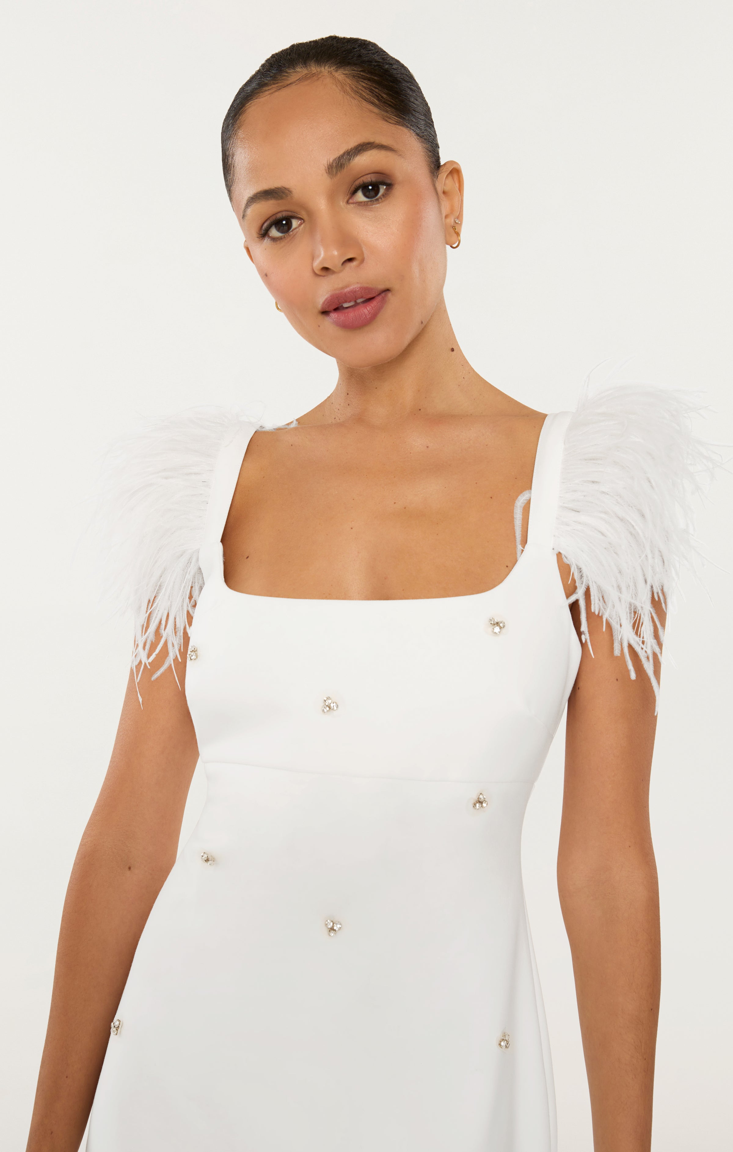 mini white dress with feathers White Cocktail Dress, White Mini Feather Dress, Bridal Shower Dress, Reception Dress, Engagement Dress, White Prom Dress, Bachelorette Dress